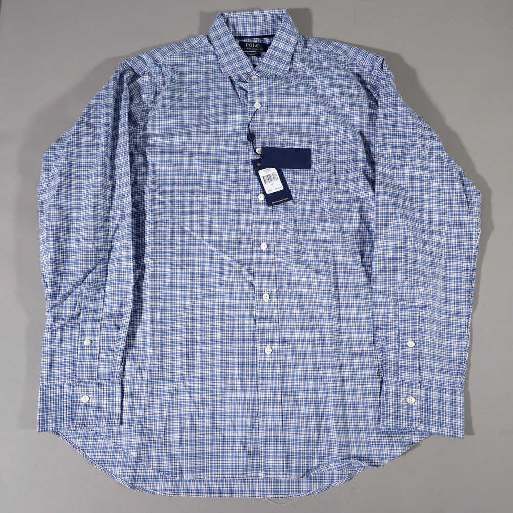Polo Ralph Lauren Button Down Mens L Blue Plaid Cotton Stretch Classic Fit NWT
